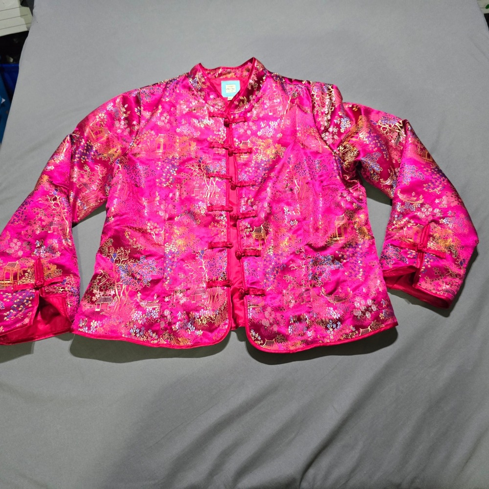 Old Navy Brocade Jacket Womens XXL Pink Chinoiserie Frog Closure Pagoda Print